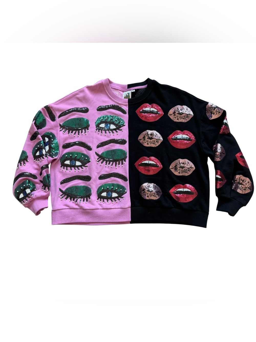 Queen of Sparkles XS Eyes Lips Sequin Colorblock Sweatshirt Pop Art Statement